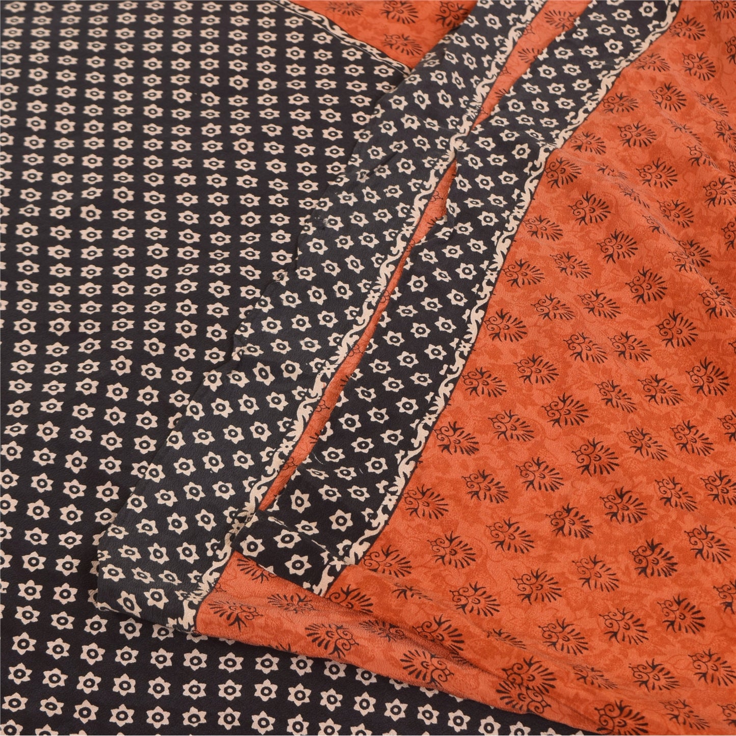 Sanskriti Vintage Sarees Orange Pure Crepe Silk Printed Sari 5+yd Craft Sustainable Fabric