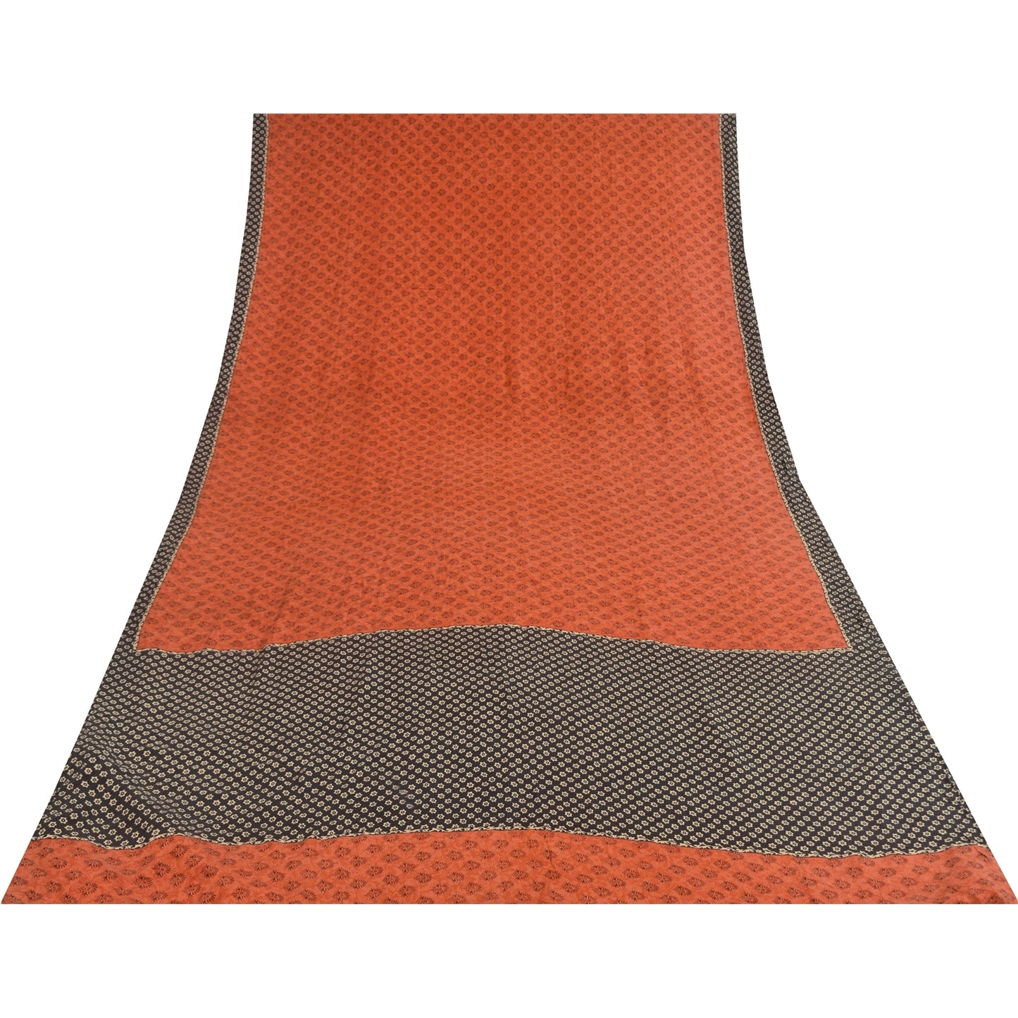 Sanskriti Vintage Sarees Orange Pure Crepe Silk Printed Sari 5+yd Craft Sustainable Fabric
