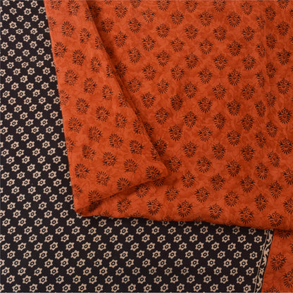 Sanskriti Vintage Sarees Orange Pure Crepe Silk Printed Sari 5+yd Craft Sustainable Fabric