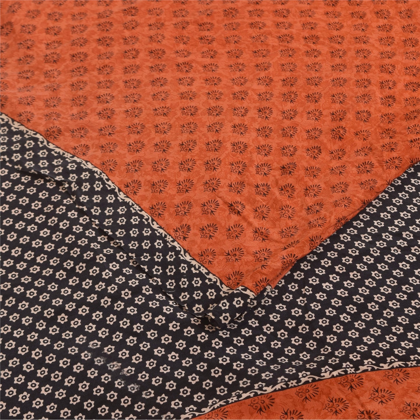 Sanskriti Vintage Sarees Orange Pure Crepe Silk Printed Sari 5+yd Craft Sustainable Fabric