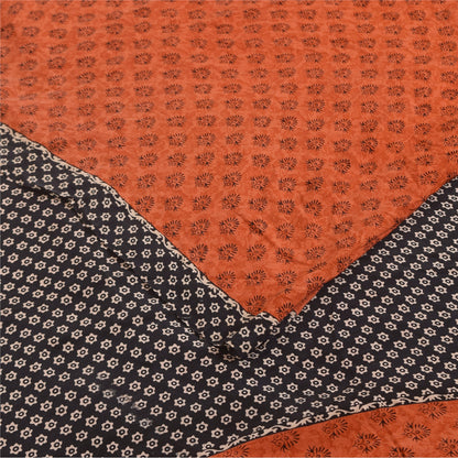 Sanskriti Vintage Sarees Orange Pure Crepe Silk Printed Sari 5+yd Craft Sustainable Fabric