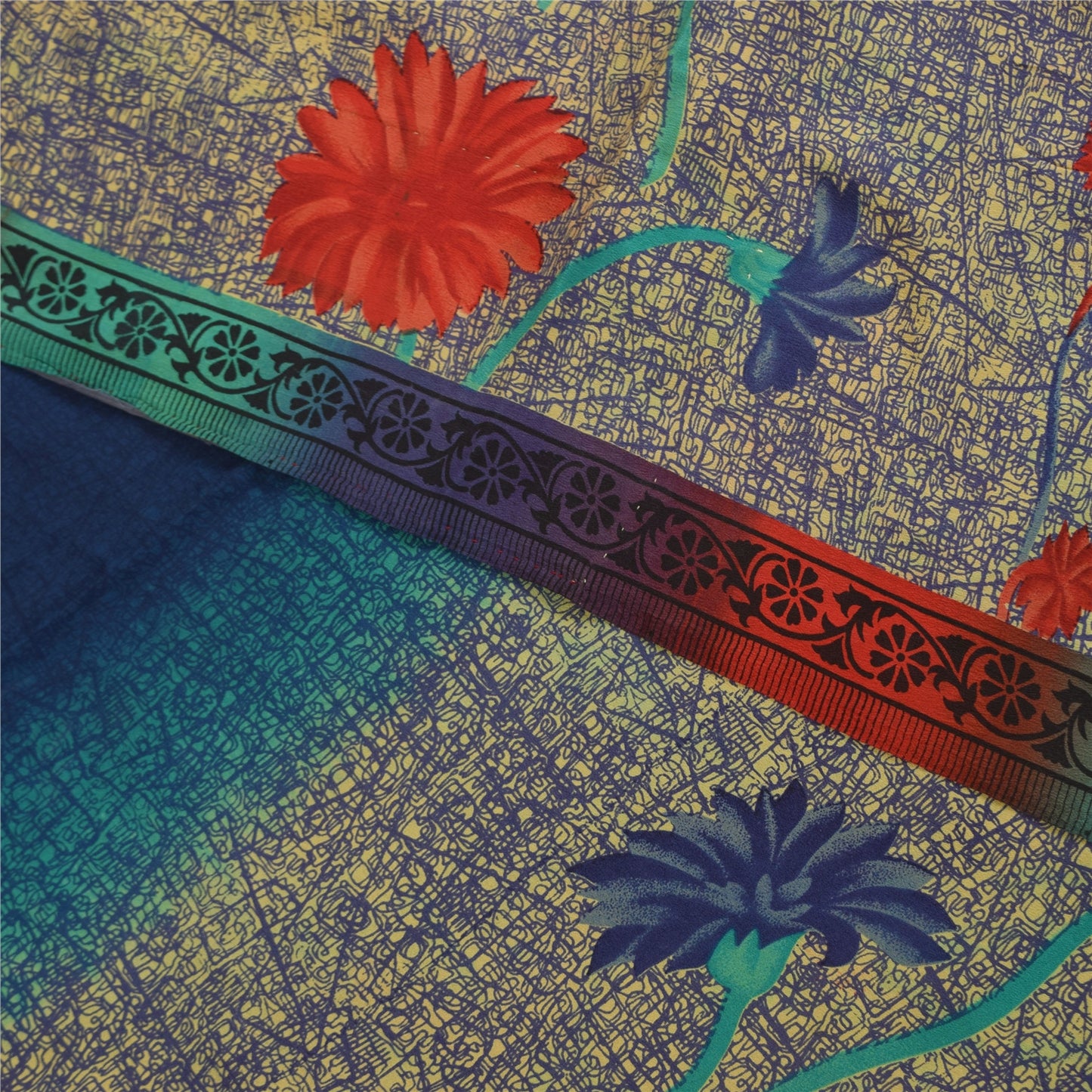 Сари Sanskriti Vintage, сари цвета слоновой кости и синего цвета, чистый креп, напечатанный, 5+ ярдов, ткань для рукоделия из экологически чистой ткани