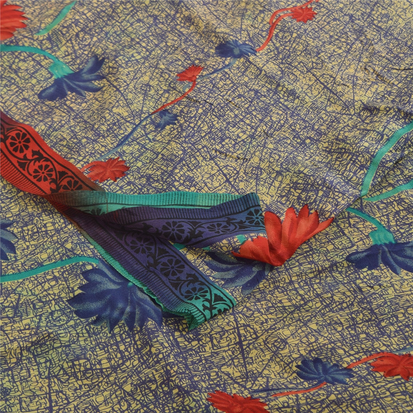 Сари Sanskriti Vintage, сари цвета слоновой кости и синего цвета, чистый креп, напечатанный, 5+ ярдов, ткань для рукоделия из экологически чистой ткани