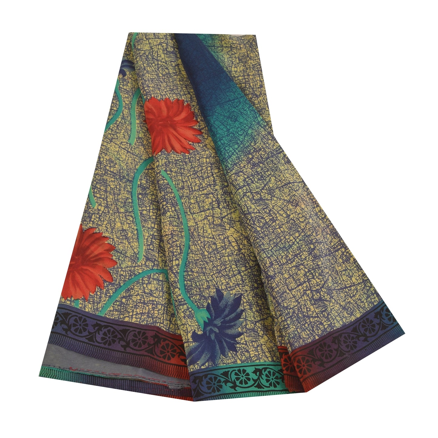 Сари Sanskriti Vintage, сари цвета слоновой кости и синего цвета, чистый креп, напечатанный, 5+ ярдов, ткань для рукоделия из экологически чистой ткани