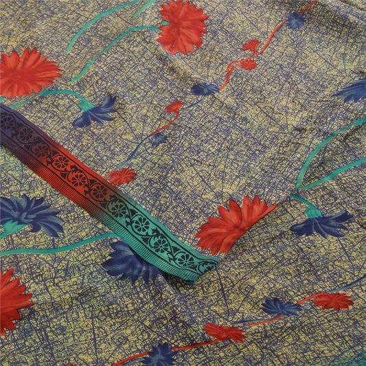 Sanskriti Vintage Sarees Ivory & Blue Pure Crepe Printed Sari 5+yd Craft Sustainable Fabric
