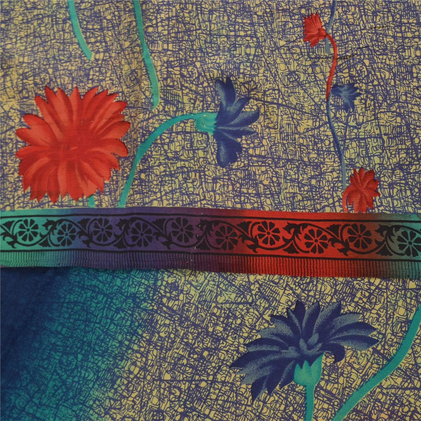 Сари Sanskriti Vintage, сари цвета слоновой кости и синего цвета, чистый креп, напечатанный, 5+ ярдов, ткань для рукоделия из экологически чистой ткани