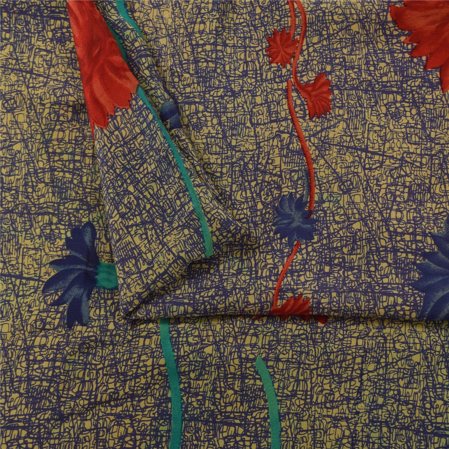 Сари Sanskriti Vintage, сари цвета слоновой кости и синего цвета, чистый креп, напечатанный, 5+ ярдов, ткань для рукоделия из экологически чистой ткани