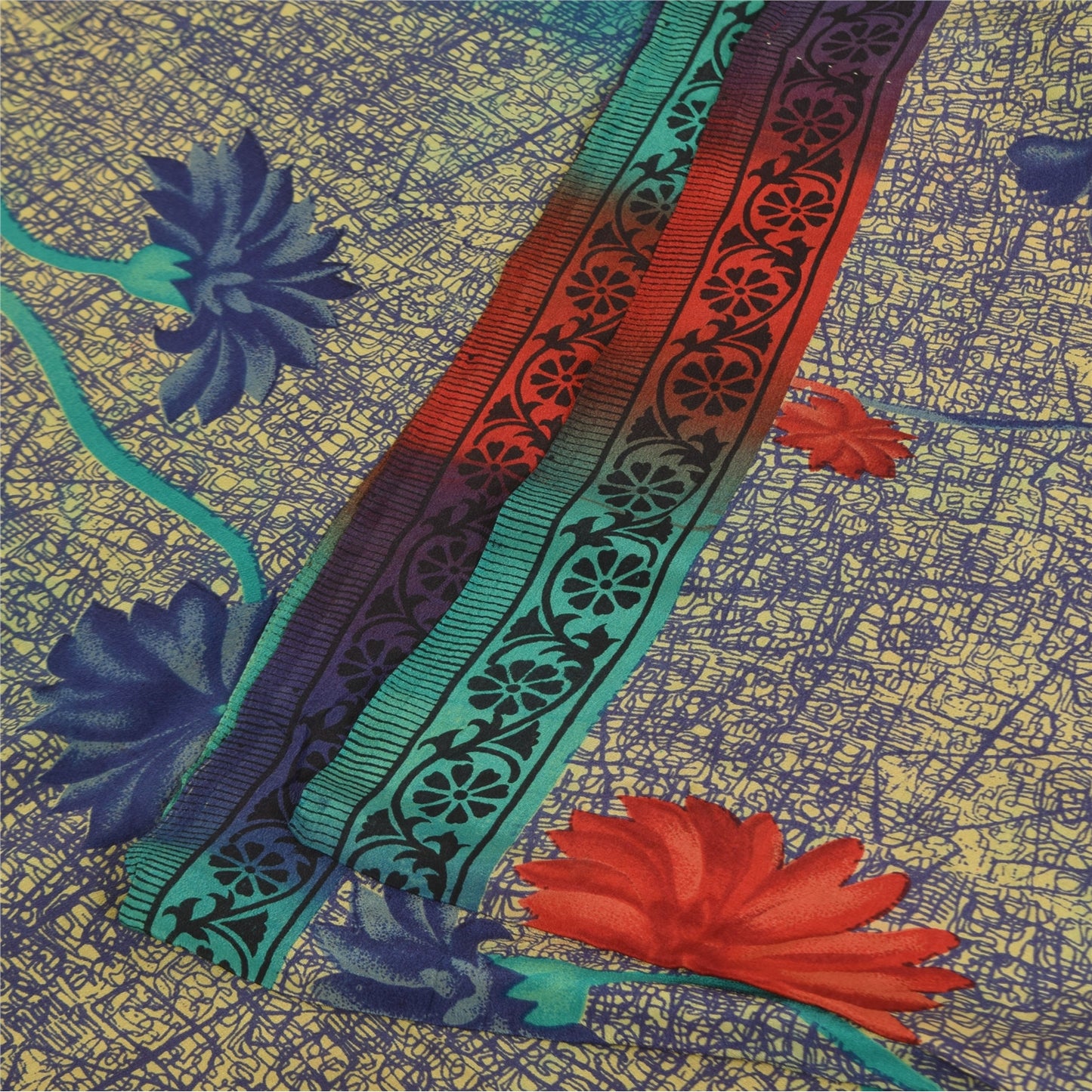 Сари Sanskriti Vintage, сари цвета слоновой кости и синего цвета, чистый креп, напечатанный, 5+ ярдов, ткань для рукоделия из экологически чистой ткани