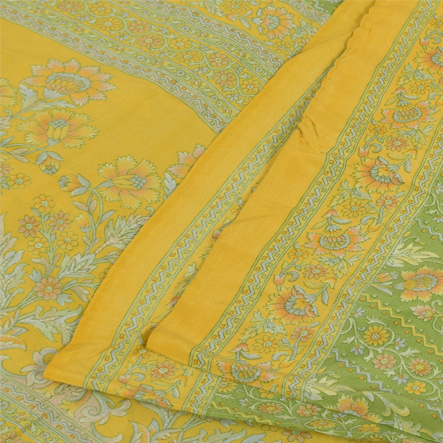 Sanskriti Vintage Sarees Green Pure Crepe Silk Printed Sari 6yd Craft Sustainable Fabric