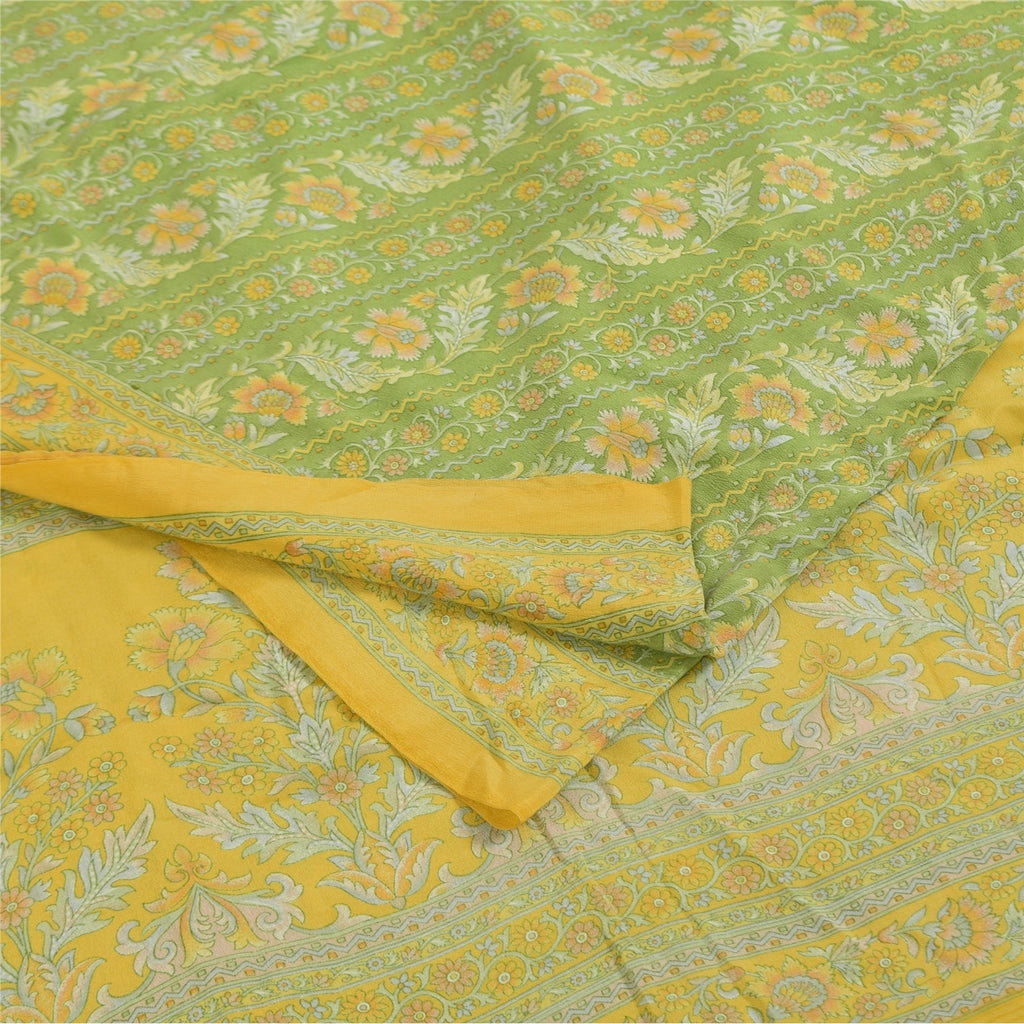 Sanskriti Vintage Sarees Green Pure Crepe Silk Printed Sari 6yd Craft Sustainable Fabric