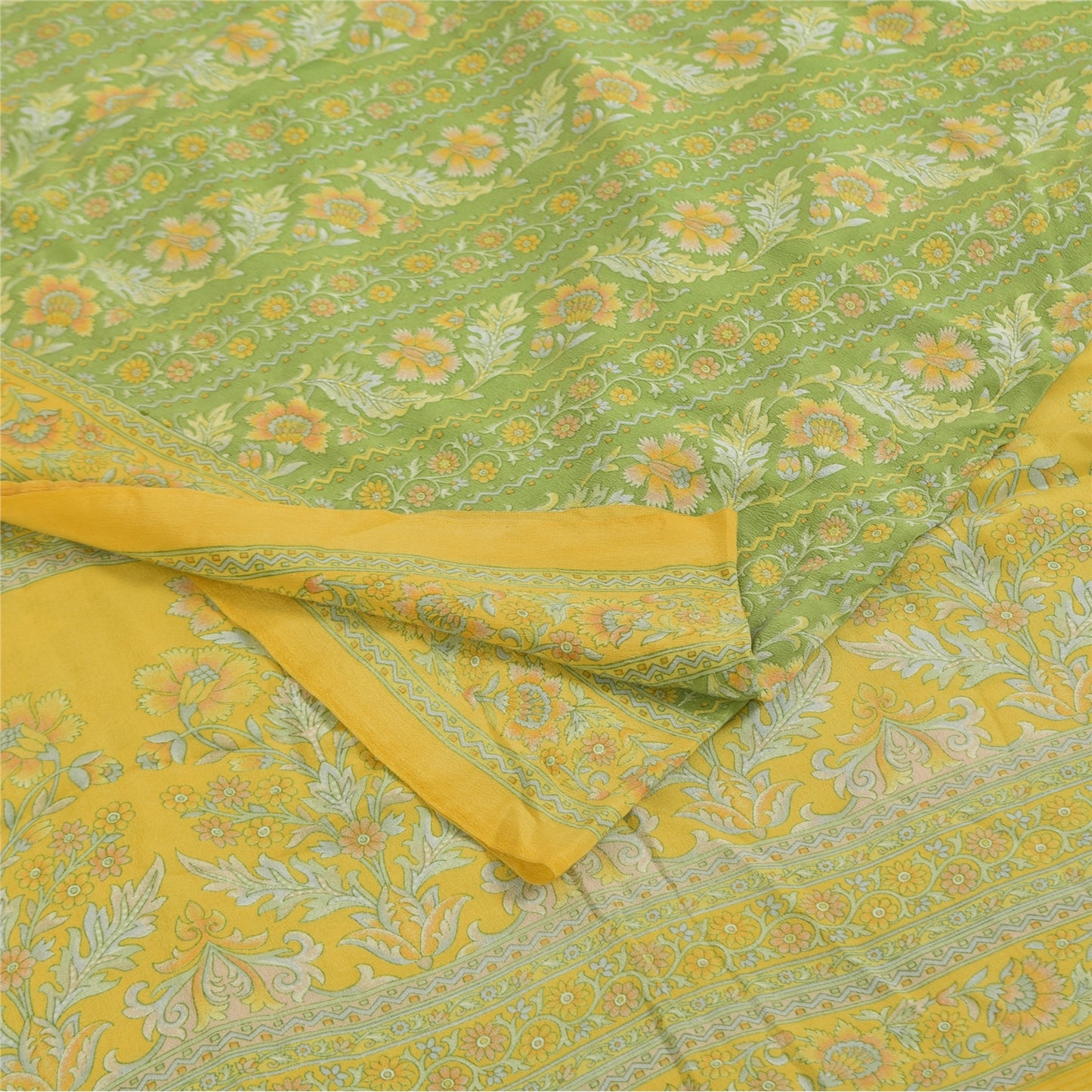 Sanskriti Vintage Sarees Green Pure Crepe Silk Printed Sari 6yd Craft Sustainable Fabric