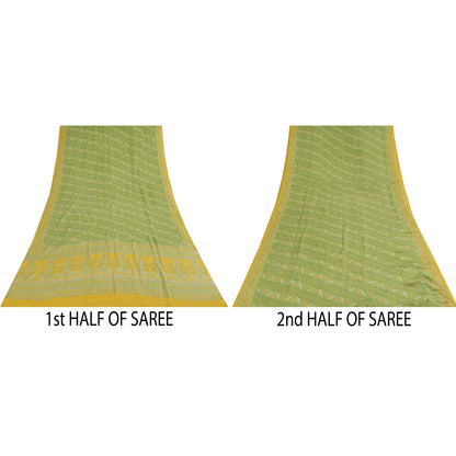 Sanskriti Vintage Sarees Green Pure Crepe Silk Printed Sari 6yd Craft Sustainable Fabric