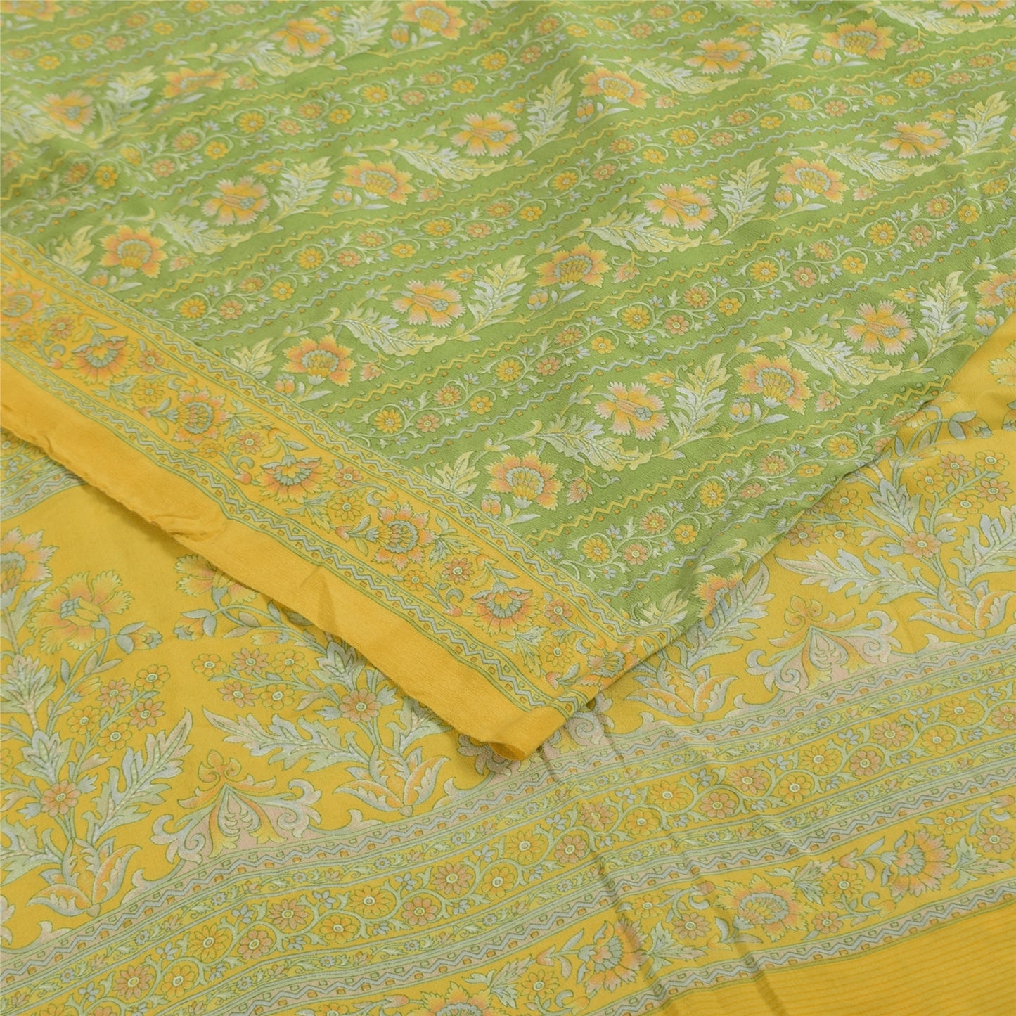 Sanskriti Vintage Sarees Green Pure Crepe Silk Printed Sari 6yd Craft Sustainable Fabric