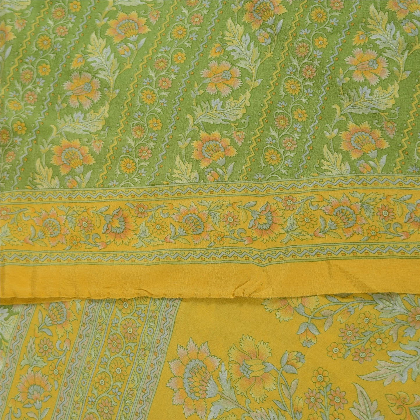 Sanskriti Vintage Sarees Green Pure Crepe Silk Printed Sari 6yd Craft Sustainable Fabric