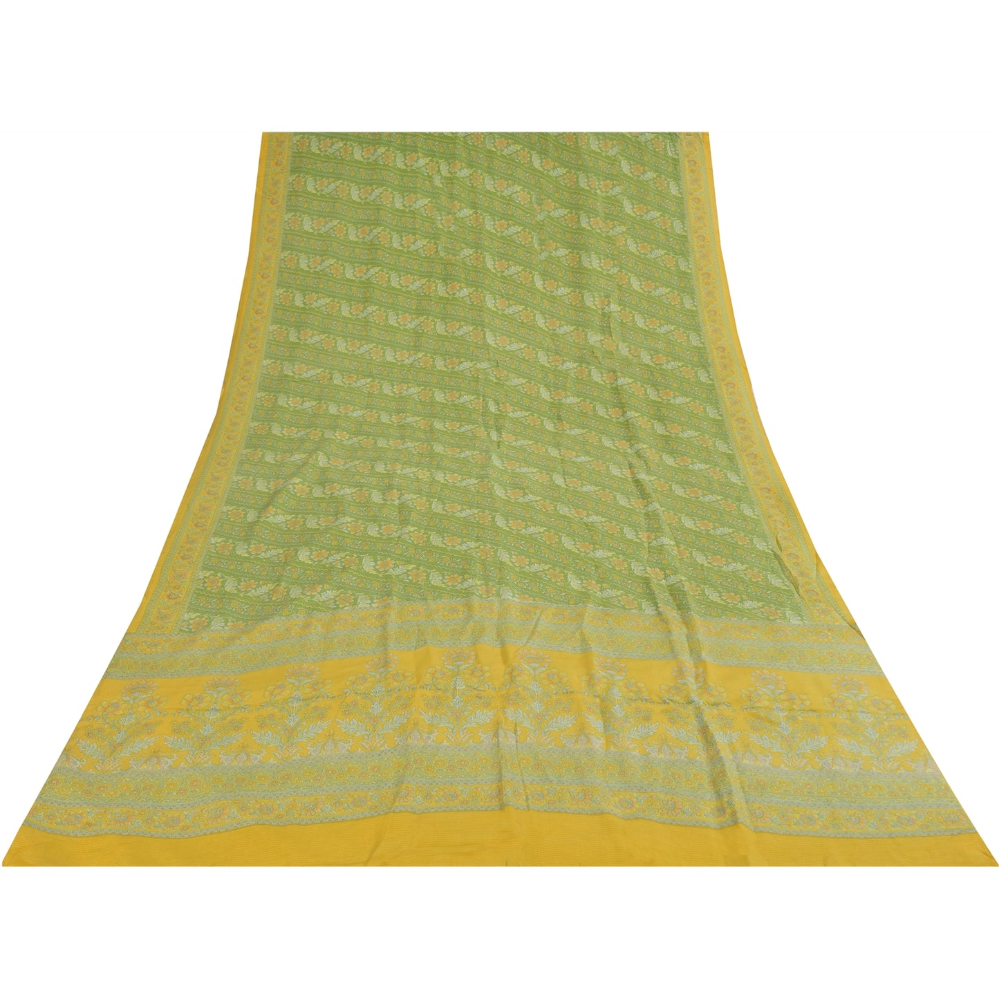 Sanskriti Vintage Sarees Green Pure Crepe Silk Printed Sari 6yd Craft Sustainable Fabric