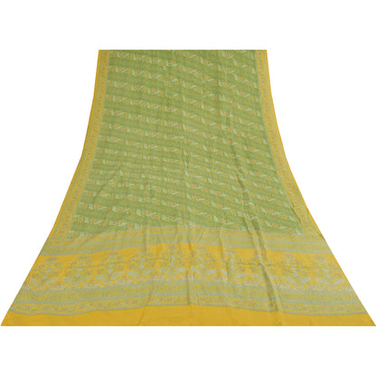 Sanskriti Vintage Sarees Green Pure Crepe Silk Printed Sari 6yd Craft Sustainable Fabric