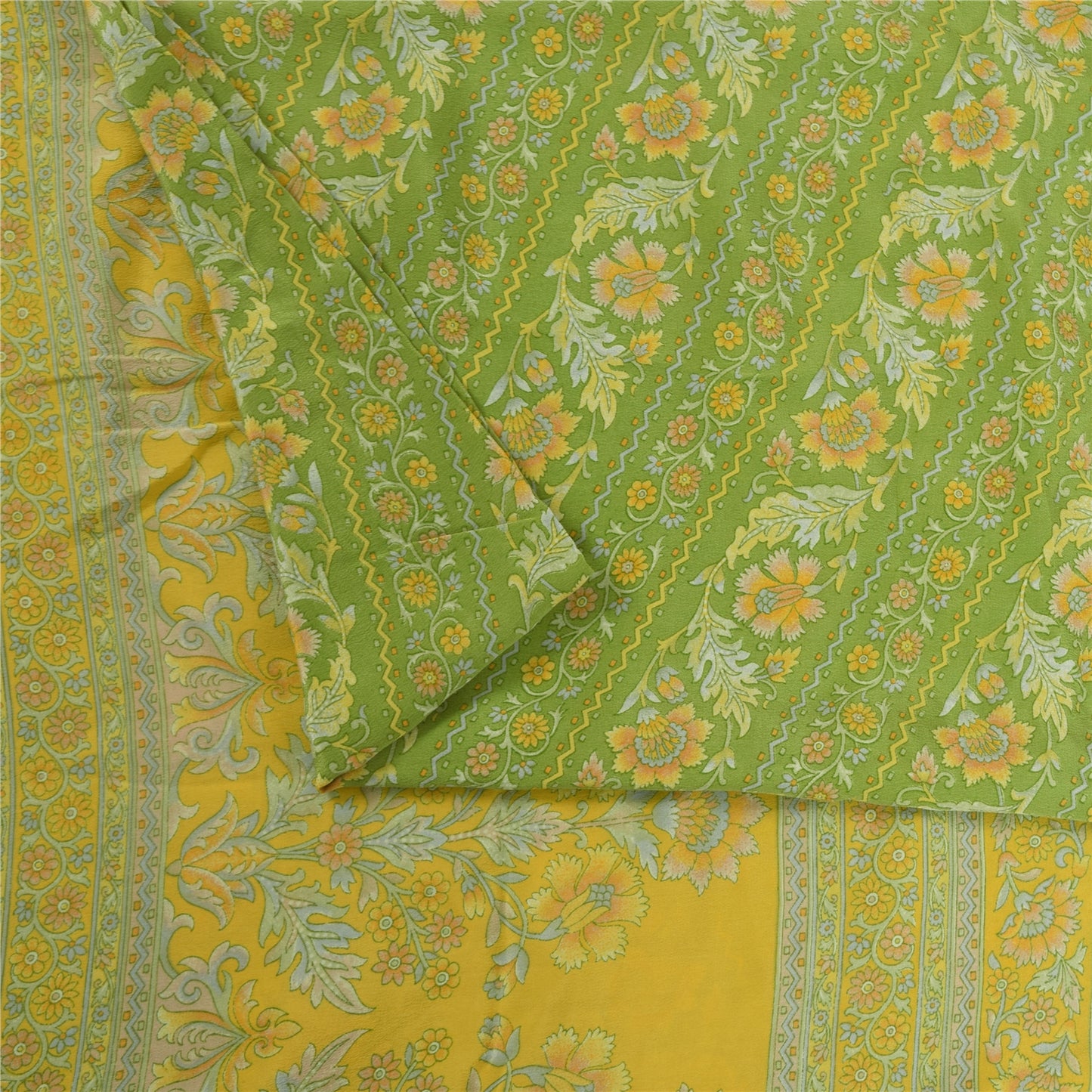 Sanskriti Vintage Sarees Green Pure Crepe Silk Printed Sari 6yd Craft Sustainable Fabric
