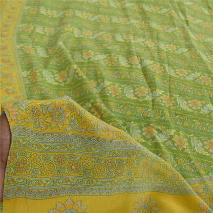 Sanskriti Vintage Sarees Green Pure Crepe Silk Printed Sari 6yd Craft Sustainable Fabric