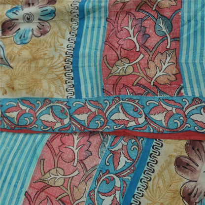 Sanskriti Vintage Sarees Blue & Pink Pure Crepe Silk Print Sari 5+yd Sustainable Fabric