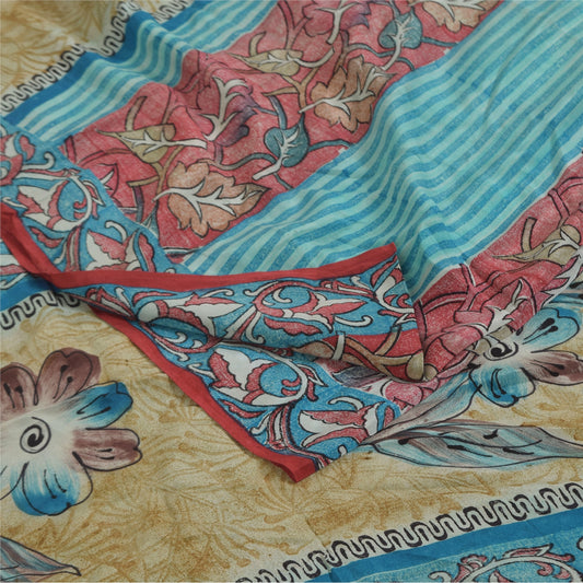 Sanskriti Vintage Sarees Blue & Pink Pure Crepe Silk Print Sari 5+yd Sustainable Fabric