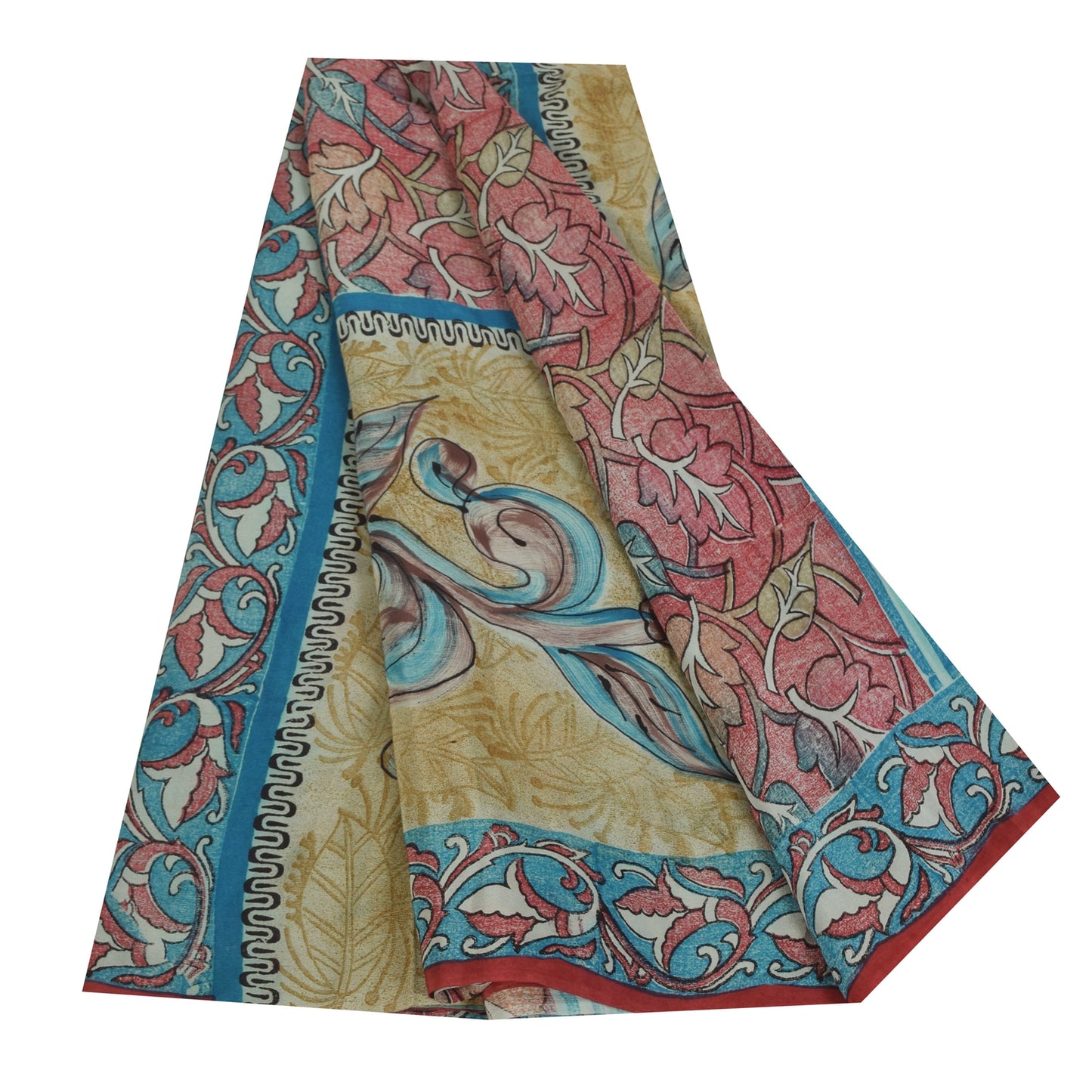 Sanskriti Vintage Sarees Blue & Pink Pure Crepe Silk Print Sari 5+yd Sustainable Fabric