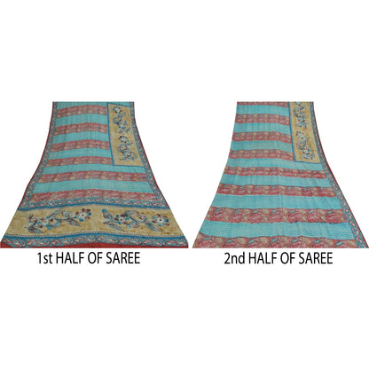 Sanskriti Vintage Sarees Blue & Pink Pure Crepe Silk Print Sari 5+yd Sustainable Fabric