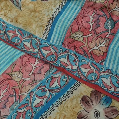 Sanskriti Vintage Sarees Blue & Pink Pure Crepe Silk Print Sari 5+yd Sustainable Fabric