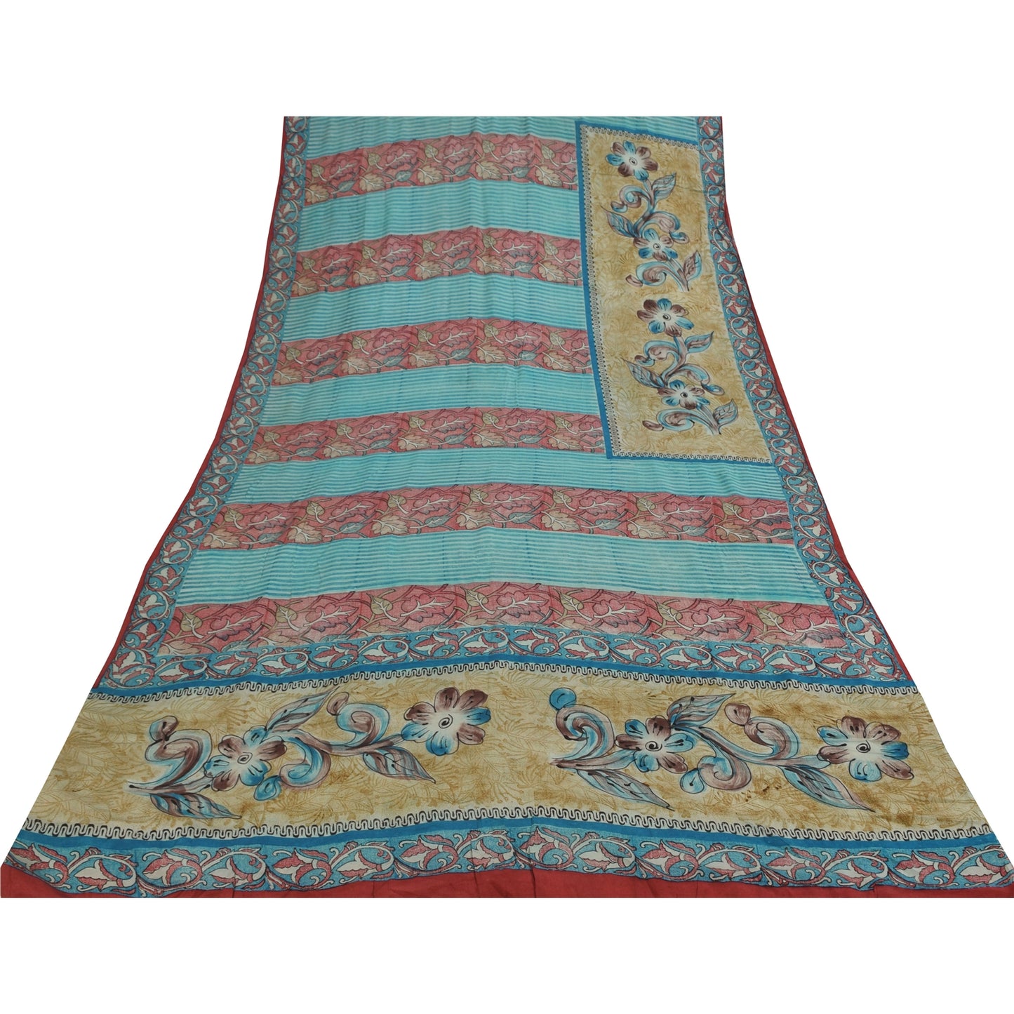 Sanskriti Vintage Sarees Blue & Pink Pure Crepe Silk Print Sari 5+yd Sustainable Fabric