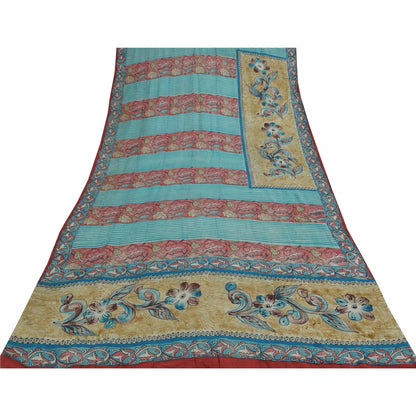 Sanskriti Vintage Sarees Blue & Pink Pure Crepe Silk Print Sari 5+yd Sustainable Fabric