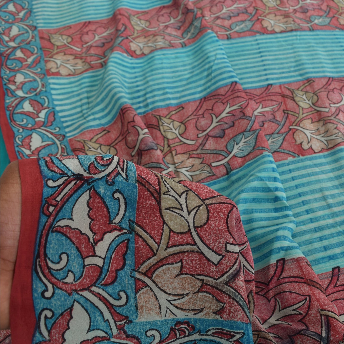 Sanskriti Vintage Sarees Blue & Pink Pure Crepe Silk Print Sari 5+yd Sustainable Fabric