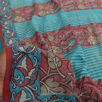 Sanskriti Vintage Sarees Blue & Pink Pure Crepe Silk Print Sari 5+yd Sustainable Fabric