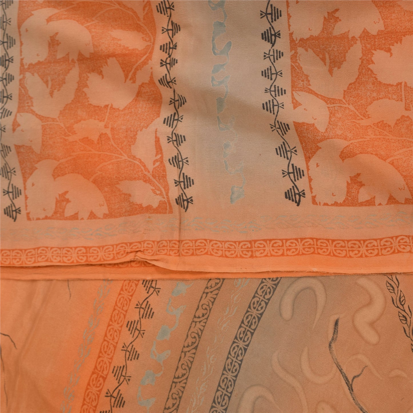 Sanskriti Vintage Sarees Orange Pure Crepe Silk Printed Sari 5+yd Craft Sustainable Fabric