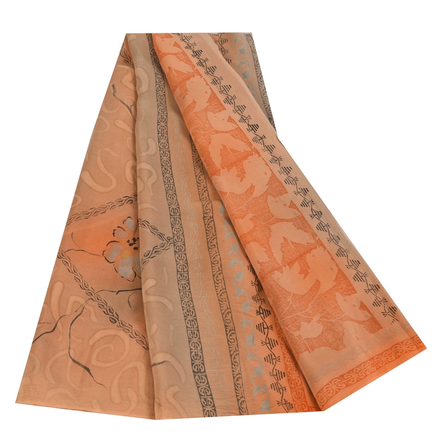 Sanskriti Vintage Sarees Orange Pure Crepe Silk Printed Sari 5+yd Craft Sustainable Fabric