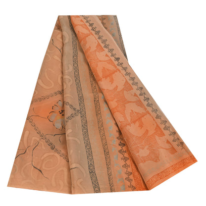 Sanskriti Vintage Sarees Orange Pure Crepe Silk Printed Sari 5+yd Craft Sustainable Fabric