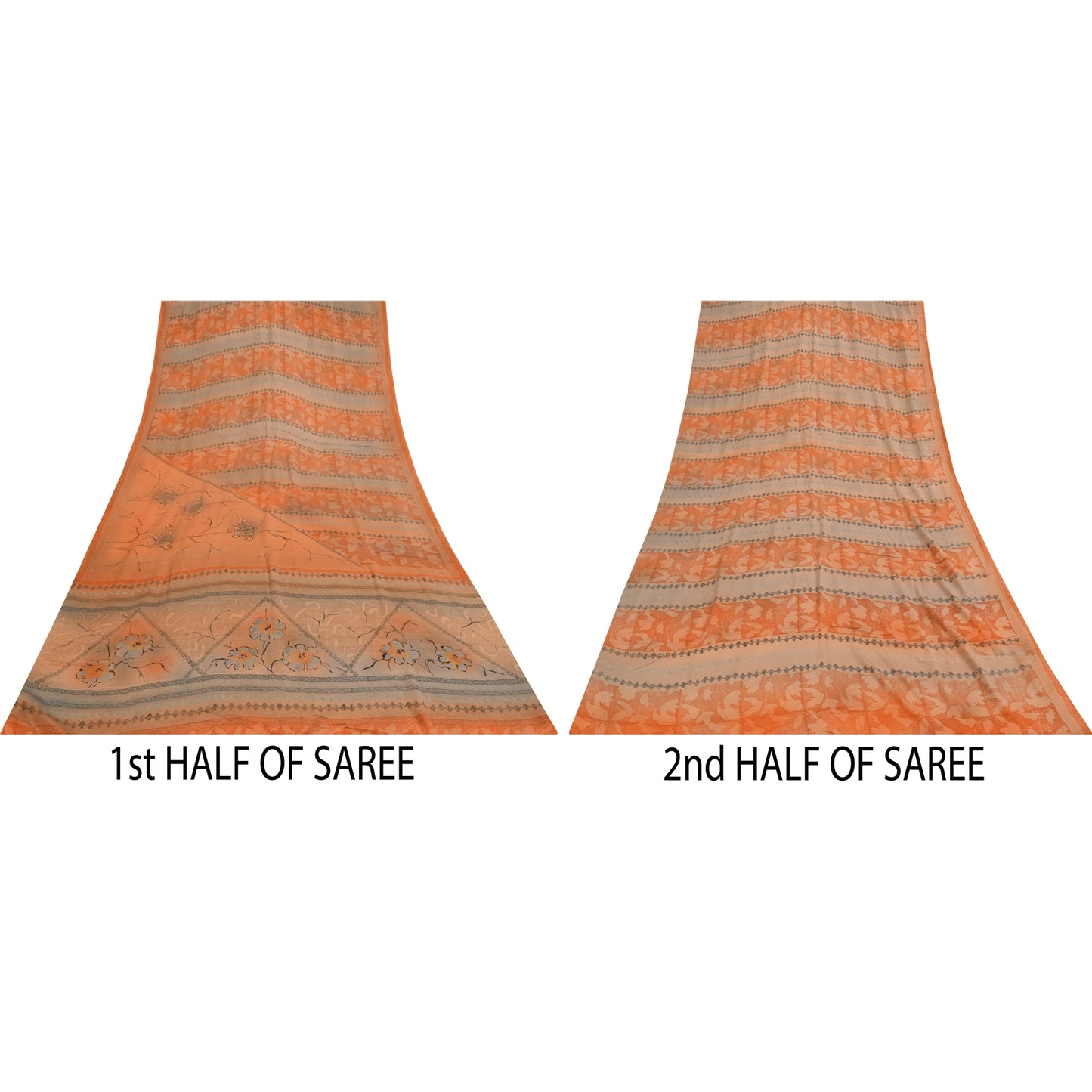 Sanskriti Vintage Sarees Orange Pure Crepe Silk Printed Sari 5+yd Craft Sustainable Fabric