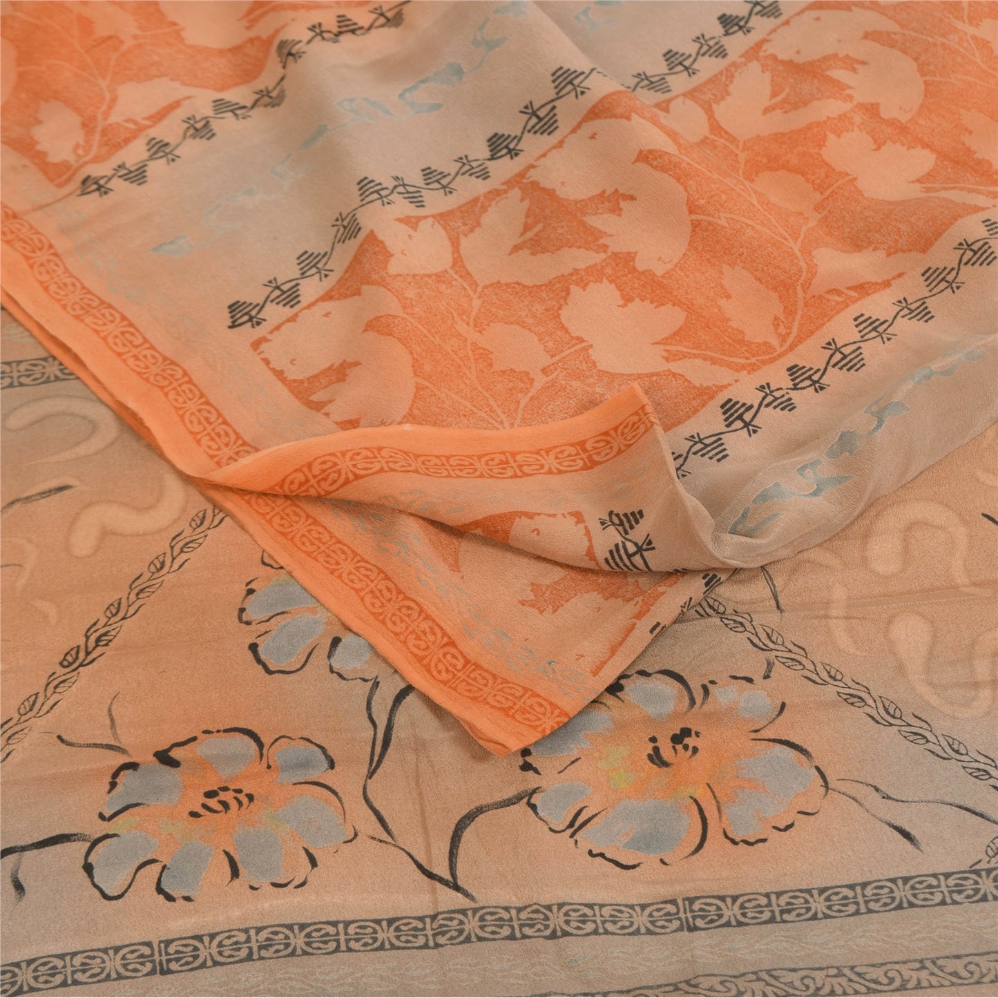 Sanskriti Vintage Sarees Orange Pure Crepe Silk Printed Sari 5+yd Craft Sustainable Fabric