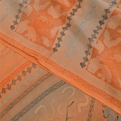 Sanskriti Vintage Sarees Orange Pure Crepe Silk Printed Sari 5+yd Craft Sustainable Fabric