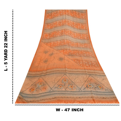 Sanskriti Vintage Sarees Orange Pure Crepe Silk Printed Sari 5+yd Craft Sustainable Fabric