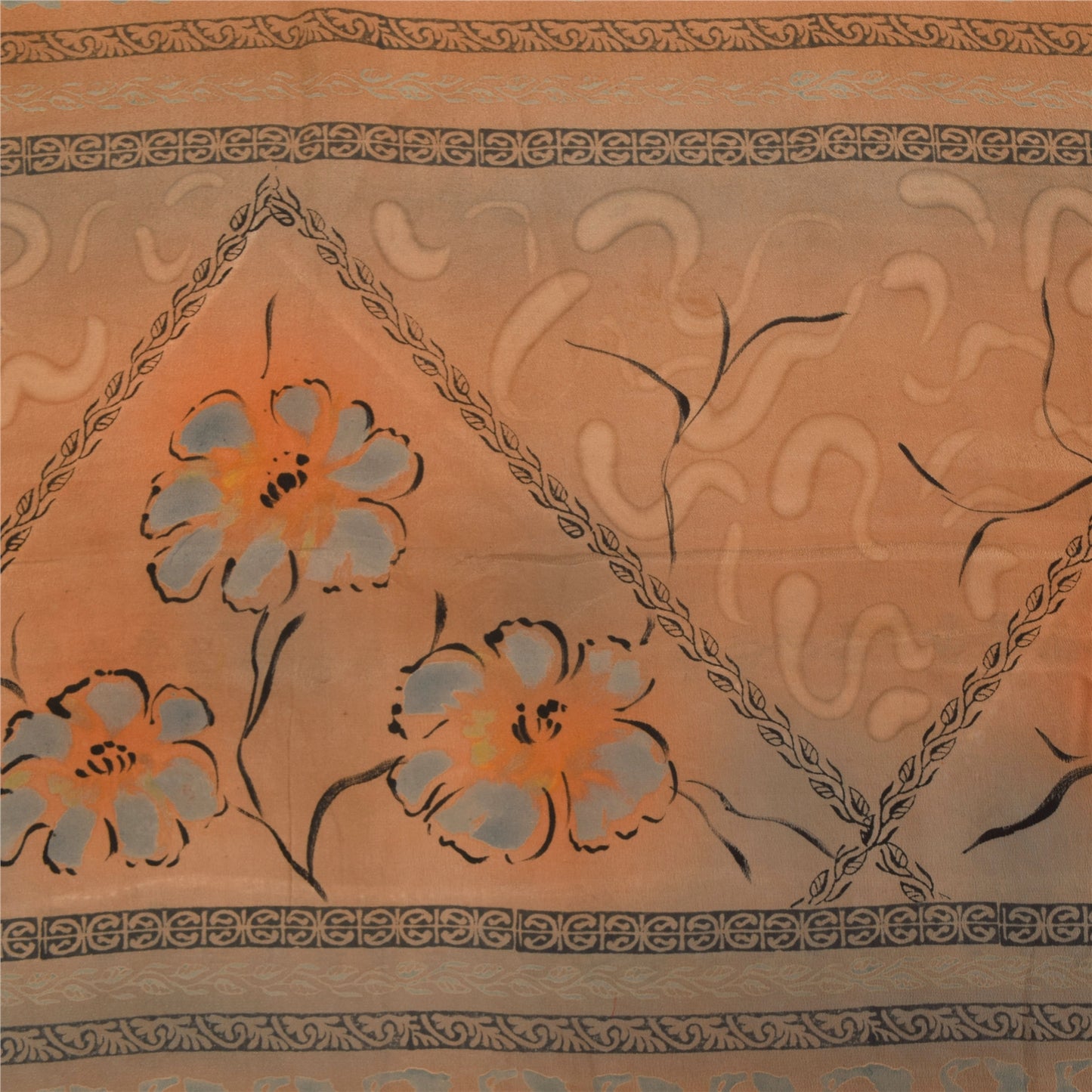 Sanskriti Vintage Sarees Orange Pure Crepe Silk Printed Sari 5+yd Craft Sustainable Fabric