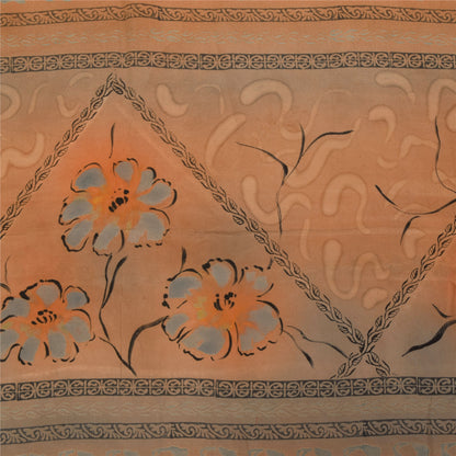 Sanskriti Vintage Sarees Orange Pure Crepe Silk Printed Sari 5+yd Craft Sustainable Fabric