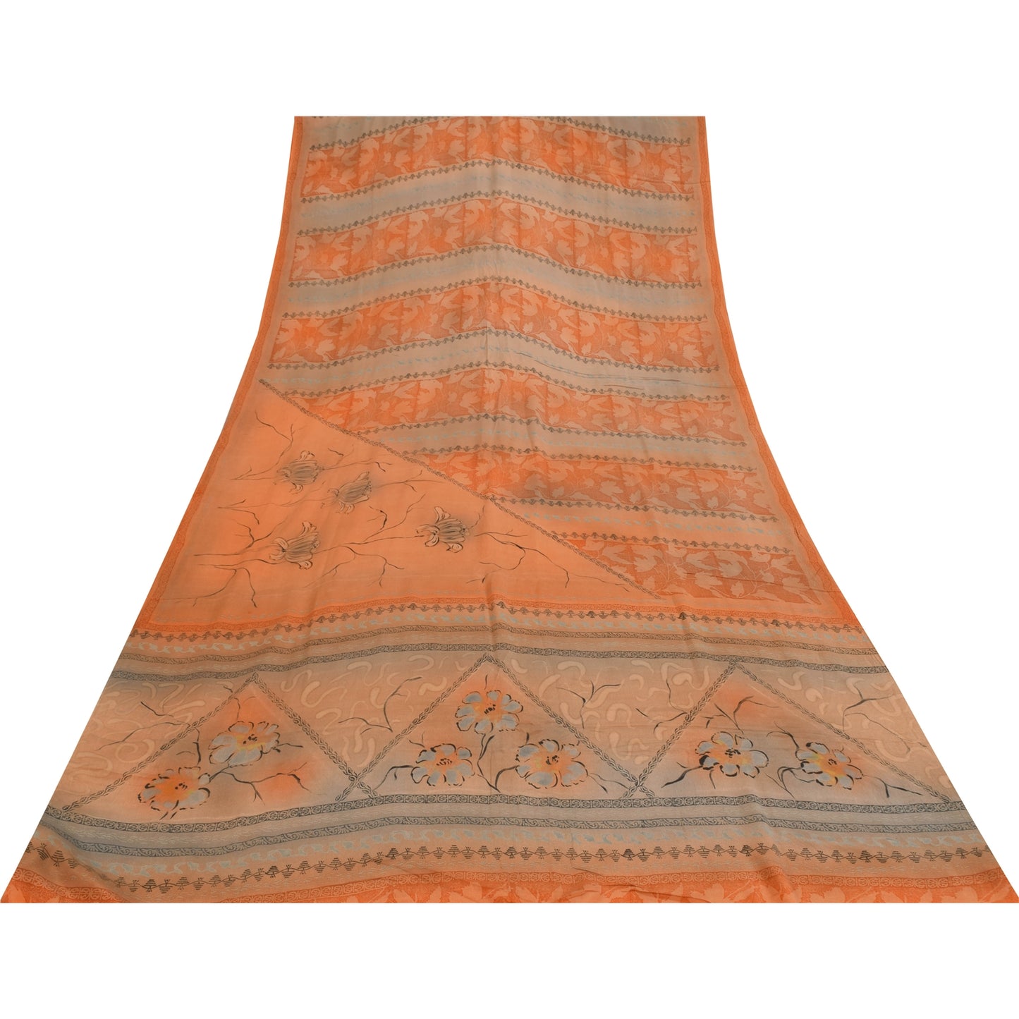 Sanskriti Vintage Sarees Orange Pure Crepe Silk Printed Sari 5+yd Craft Sustainable Fabric