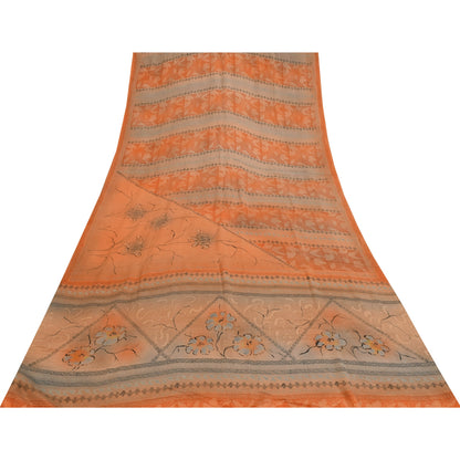 Sanskriti Vintage Sarees Orange Pure Crepe Silk Printed Sari 5+yd Craft Sustainable Fabric