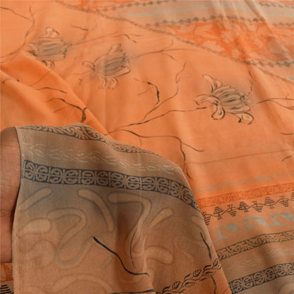 Sanskriti Vintage Sarees Orange Pure Crepe Silk Printed Sari 5+yd Craft Sustainable Fabric