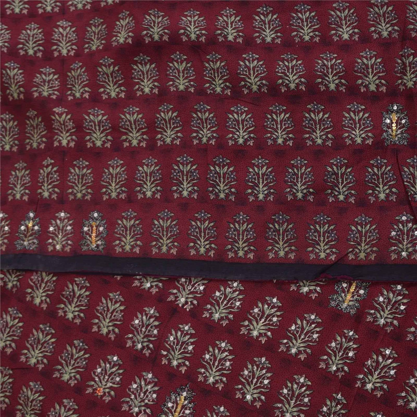 Sanskriti Vintage Sarees Red Embroidered Pure Crepe Print Sari 5+yd Craft Fabric