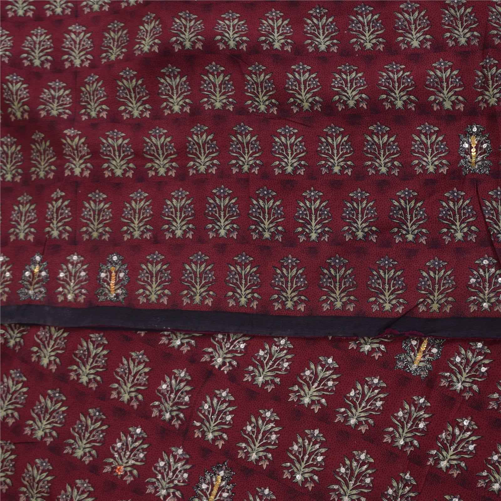 Sanskriti Vintage Sarees Red Embroidered Pure Crepe Print Sari 5+yd Craft Fabric