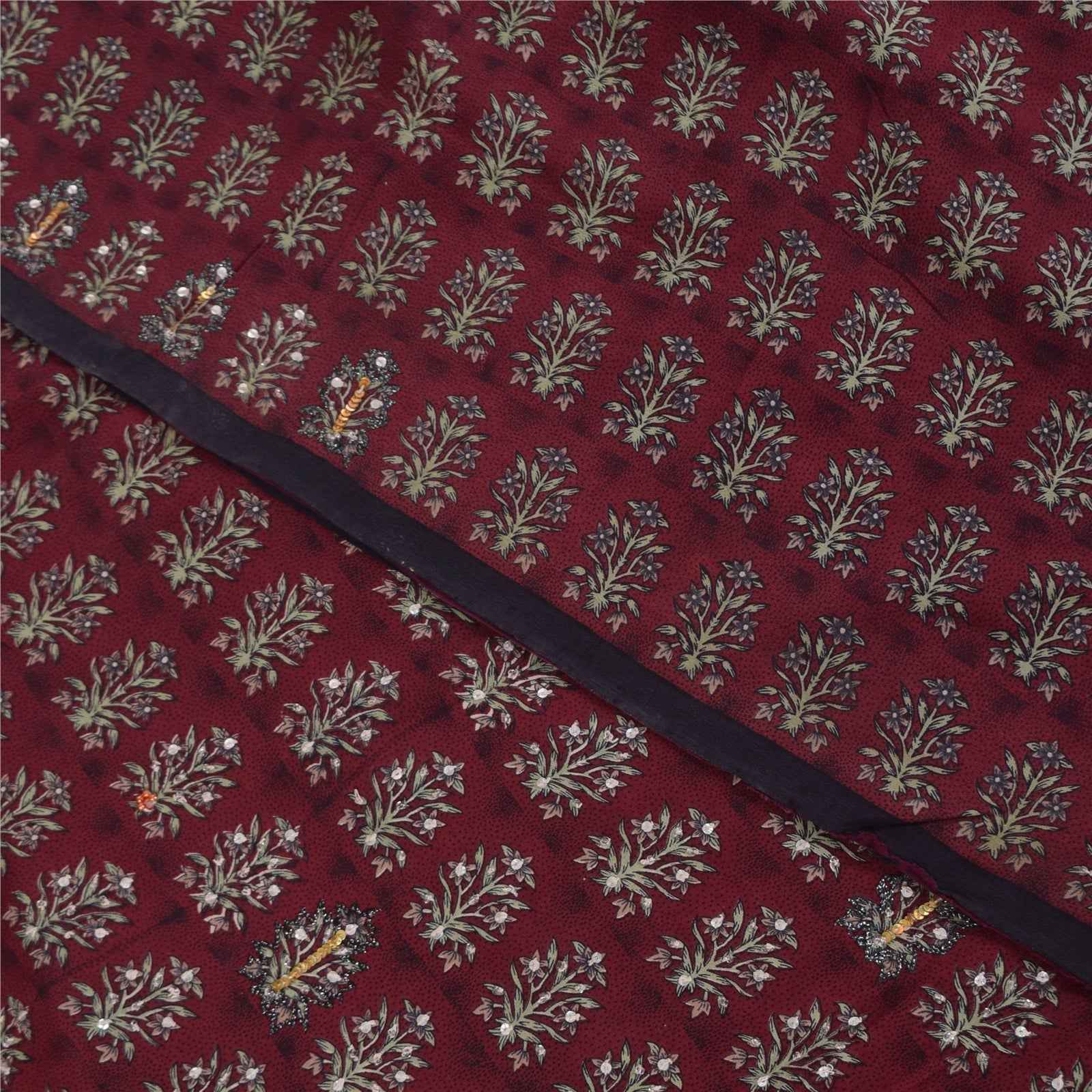 Sanskriti Vintage Sarees Red Embroidered Pure Crepe Print Sari 5+yd Craft Fabric