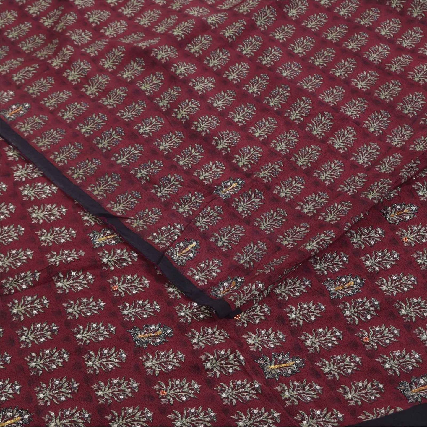 Sanskriti Vintage Sarees Red Embroidered Pure Crepe Print Sari 5+yd Craft Fabric