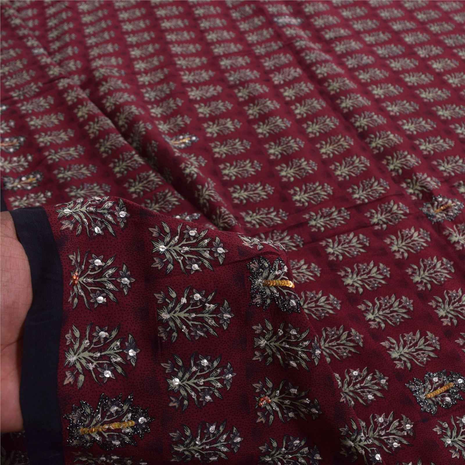 Sanskriti Vintage Sarees Red Embroidered Pure Crepe Print Sari 5+yd Craft Fabric