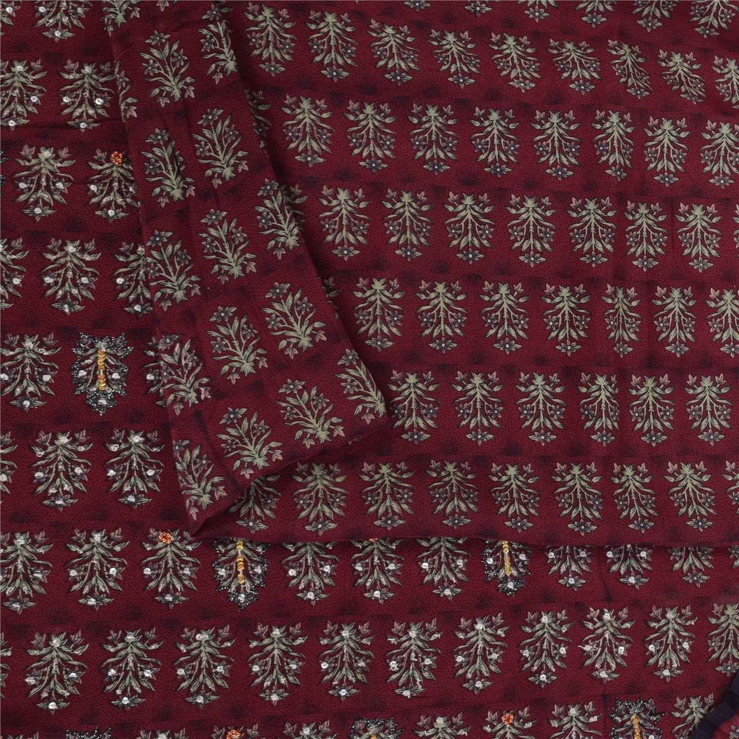 Sanskriti Vintage Sarees Red Embroidered Pure Crepe Print Sari 5+yd Craft Fabric