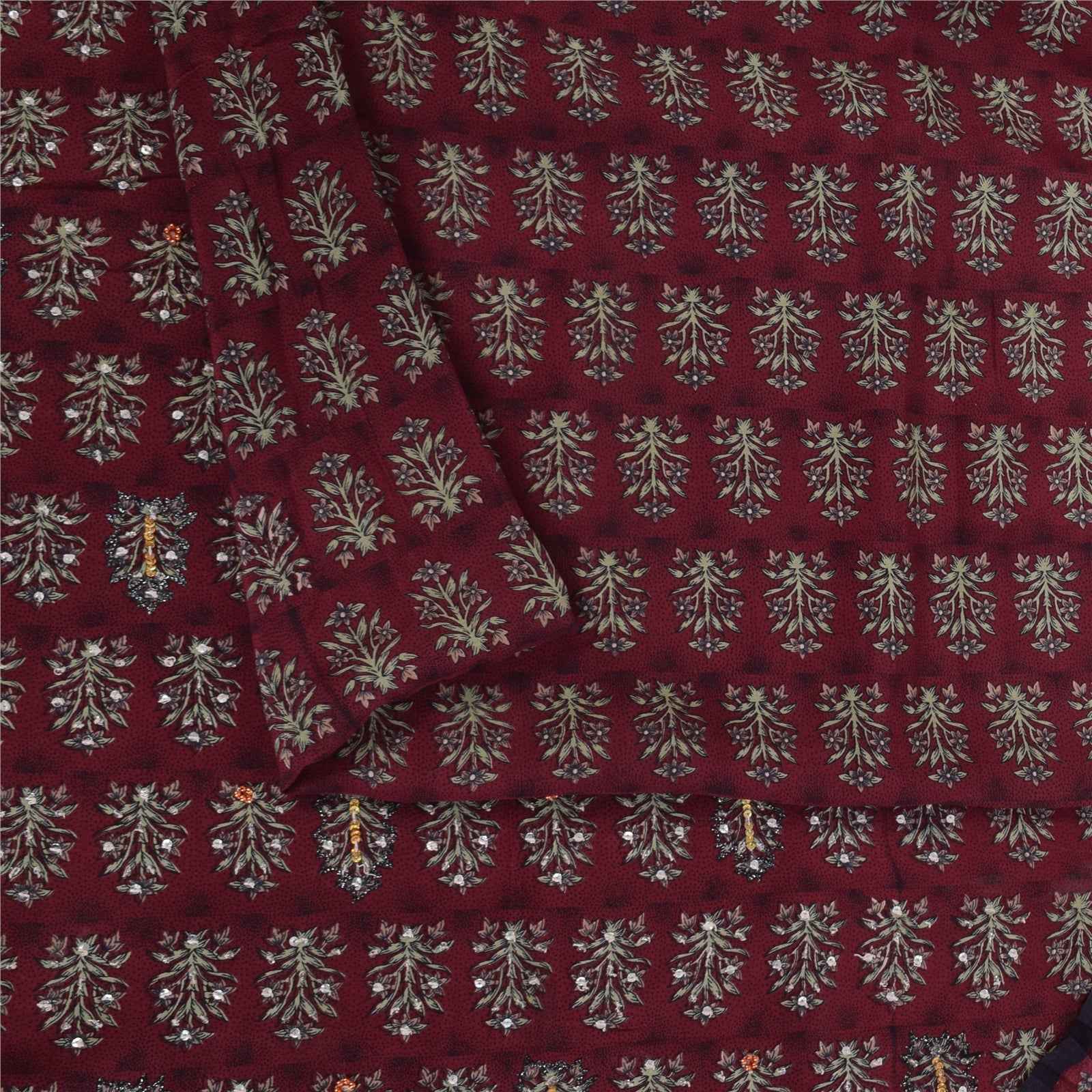 Sanskriti Vintage Sarees Red Embroidered Pure Crepe Print Sari 5+yd Craft Fabric